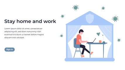 Freelancer man sitting at the table and working on a laptop at home. Stay home and work concept. 2019-nCoV. Ncov, covid 2019, prevention Coronovirus concept. Novel coronavirus pandemic. Flat vector.
