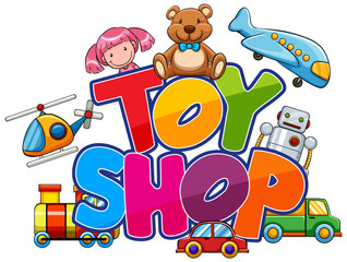 Obraz na płótnie Canvas Font design for word toy shop with many toys