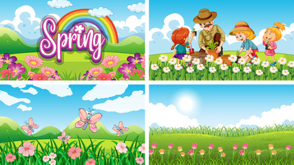 Naklejka premium Four background scenes with children and animals in the park
