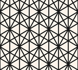Geometric triangles seamless pattern. Vector abstract black and white graphic texture. Simple repeat monochrome background with triangular grid, hexagons, rhombuses, net, mesh. Modern sacred geometry