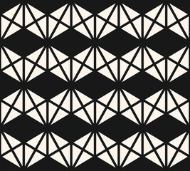 Geometric triangles seamless pattern. Vector black and white abstract texture with triangular shapes, zigzag lines, grid, net, rhombuses. Simple monochrome graphic background. Modern repeated design