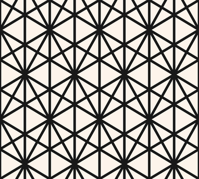 Geometric triangles seamless pattern. Vector abstract black and white graphic texture. Simple repeat monochrome background with triangular grid, hexagons, rhombuses, net, mesh. Modern sacred geometry