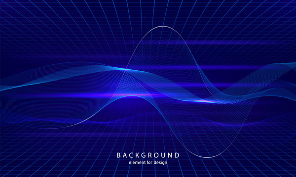 Abstract wave element with perspective mesh with depth of field effect for design. Grid. Digital equalizer. Stylized line art background. Colorful shiny waves with lines. Curved wavy line. Vector