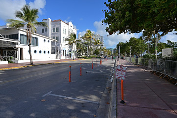 Miami Beach, Florida - March 21, 2020 - Ocean Drive appears empty as hotels, restaurants and beach ordered closed due to coronavirus pandemic.