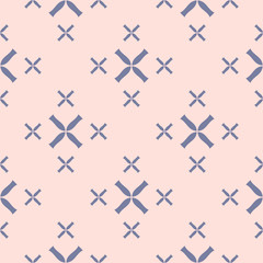 Vector geometric seamless pattern with small flowers, crosses. Elegant minimal texture in pastel colors, light pink and blue. Abstract minimalist repeat background. Design for decor, wallpapers, cloth