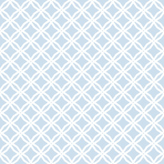 Diamond grid pattern. Vector abstract floral seamless texture. Subtle background in soft pastel colors, light blue and white. Geometric ornament with small diamond shapes, rhombuses, net, repeat tiles