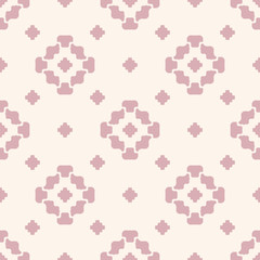 Fototapeta na wymiar Subtle vector floral geometric seamless pattern. Simple minimalist ornament with small flower silhouettes, crosses. Pink and white minimal background. Elegant abstract texture. Delicate repeat design