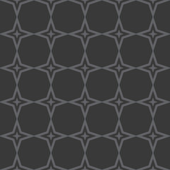 Subtle vector geometric seamless pattern with grid, lattice, lines, stars, diamonds, octagons, mesh. Delicate abstract background. Simple dark gray ornament texture. Repeat design for decor, cloth