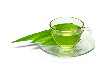 hot pandan Juice with green pandan leaves isolated on white background  ,include clipping path