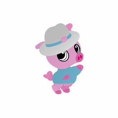 Illustration of Pig Wearing a Hat While Waving, Cute Funny Character, Flat Design