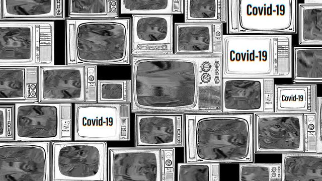Zoom on several television stations all gradually broadcasting a Covid-19 message, programs stop, dissemination of the coronavirus worldwide, virus spread on media TV, globalization of covid epidemic