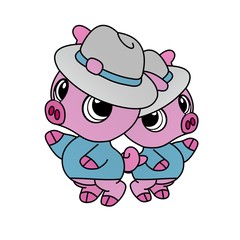 Illustration of Pig Wearing a Hat While Waving, Cute Funny Character, Flat Design