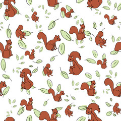 Squirrels in leaves on white background , seamless vector repeat pattern, seamless vector repeat pattern, surface design