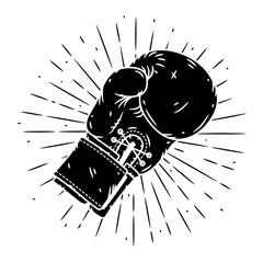 Boxing glove. Hand drawn vector illustration with boxing glove and sunburst. Used for poster, banner, web, t-shirt print, bag print, badges, flyer, logo design and more.