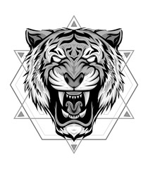 Tiger logo. Black white illustration of a tiger head. Portrait of a predator. Tattoo wild cats.