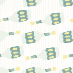 Funny glass bottle seamless pattern on stripes background. Alcohol rum bottles.