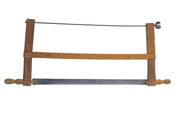 Home-made bow saw. Isolated on a white background.
