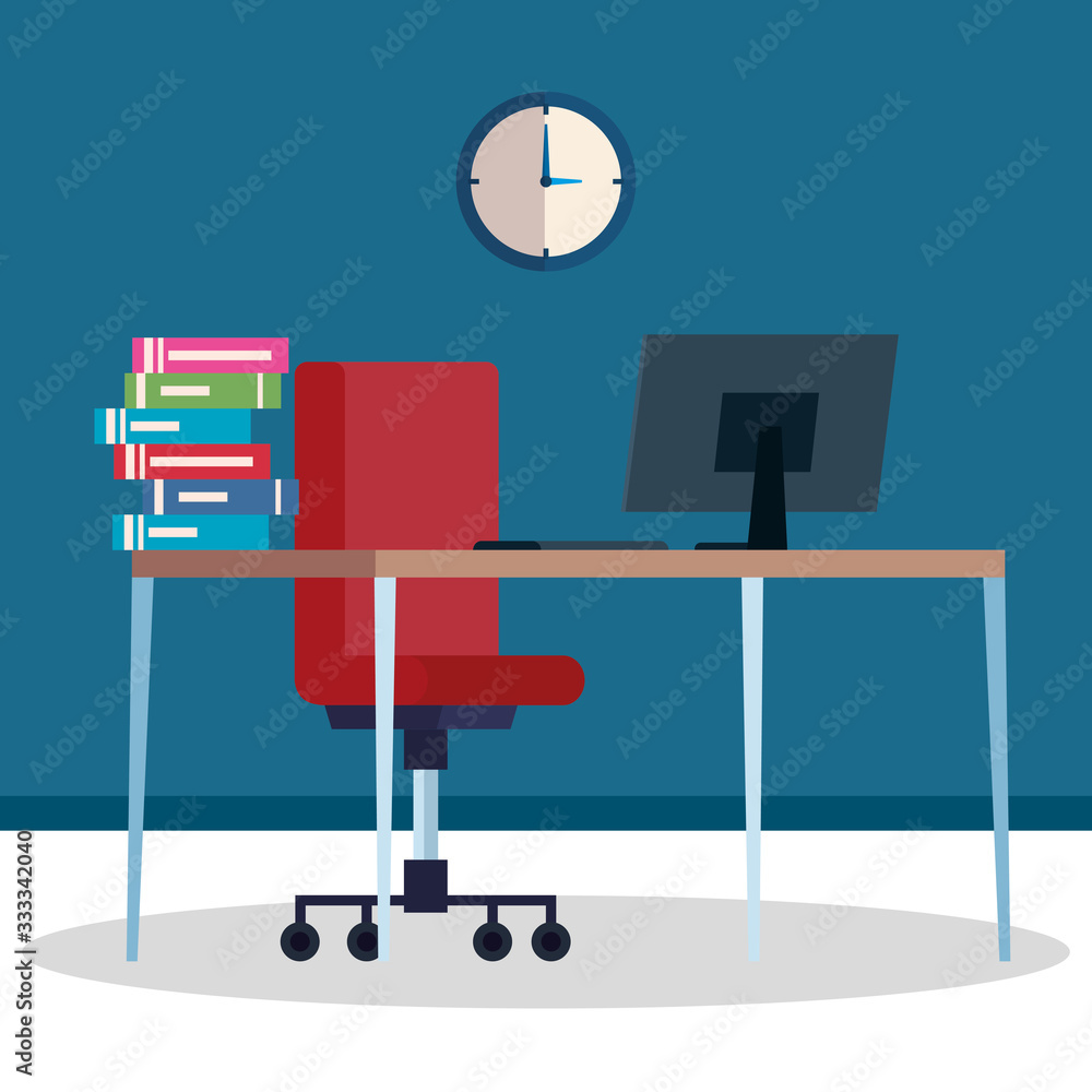 Poster workplace with desk and computer vector illustration design