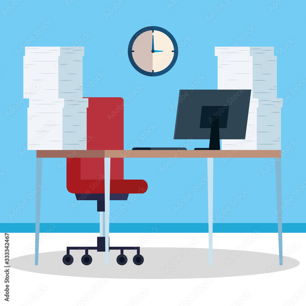 Poster workplace with desk and computer vector illustration design