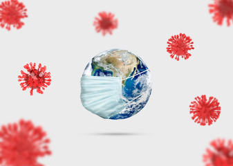 COVID-19, Corona disease infection medical illustration. Concept earth with the mask a fight against cure searches and spreading disease the virus.
