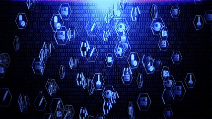 3D Medical Technology Icon Set in Hexagon Border Hovering on The Random Binary Code Background with Blue Lighting Ver.1 (Full Screen)
