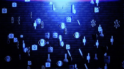 Obraz premium 3D Medical Technology Icon Set Hovering on The Random Binary Code Background with Blue Lighting Ver.1 (Full Screen)