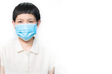 Asian woman wear surgical mask. For social distance away from pandemic corona virus or covid-19. banner with white blbackground.