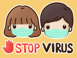 Boy and girl cute cartoon wearing protective mask  for prevent virus  Covid-19.