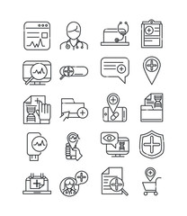 online health, medical assistance support consultation icon set covid 19 pandemic line icon