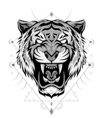 Obraz premium Tiger logo. Black white illustration of a tiger head. Portrait of a predator. Tattoo wild cats.