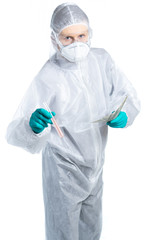 Fototapeta premium Laboratory health worker selling medicine or virus for money. The doctor is suspicious and looks around. Isolated.