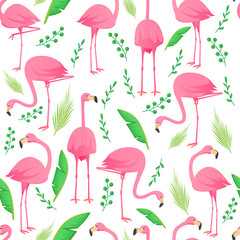 Flamingo seamless pattern with leaves