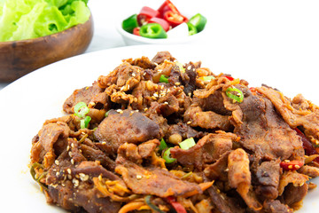 Stir fried with pork and vegetables sprinkle sesame seeds