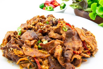 Stir fried with pork and vegetables sprinkle sesame seeds