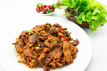 Stir fried with pork and vegetables sprinkle sesame seeds