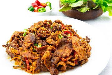 Stir fried with pork and vegetables sprinkle sesame seeds