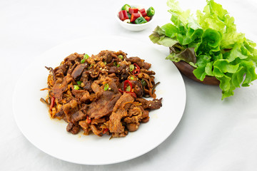Stir fried with pork and vegetables sprinkle sesame seeds