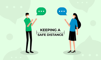 Social distancing greeting concept vector where two people avoid handshakes and keep their distance but their shadows almost touch to prevent spread of COVID-19