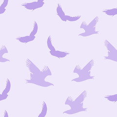 Fototapeta na wymiar Vector seamless flying birds conversation pattern, spring summer, tender romantic violet background.