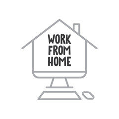 Work from home text in computer screen illustration. Lettering style message for quarantine times in coronavirus pandemic outbreak. 