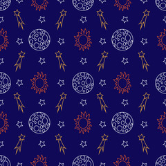 Seamless pattern with stars and comets on a blue background. Vector.