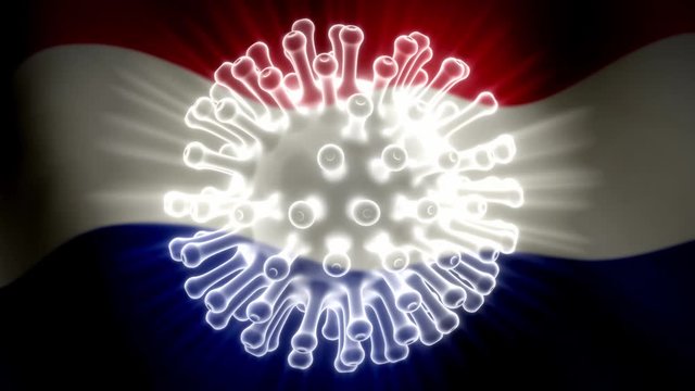 Coronavirus pandemic in The Netherlands with 2019 ncov cell and lockdown. Dutch outbreak of sickness and covid19 death - 3d animation
