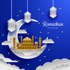 ramadan paper art greeting card with  crescent moon