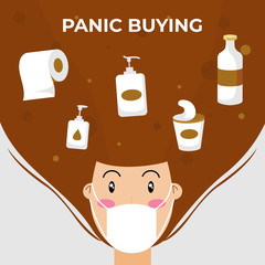 Panic buying illustration. Concept of covid-19 coronavirus pandemic illustration. showing a woman's hair and face with a mask. and toilet paper, hand sanitiser, handy gel, food and drink. dont panic