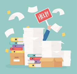 hand with help and papers and boxes office work stress