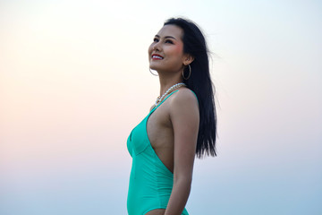 Naklejka premium Beautiful young woman smile portrait traveling on speed boat in summer for relaxation at Thailand.