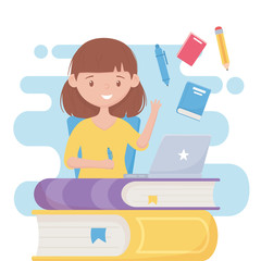 education online student girl with laptop on stack books