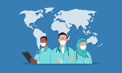 illustration doctor on world map. they are covid-19 hero. fighting coronavirus disease. helping people who infection around the world or country.  health care on hospital or clinic. 