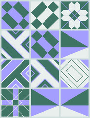 Tile background with purple, green and grey geometric mosaic pattern