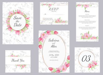 Marble and watercolor tulip wedding invitation. Set with invitation, Save the date, Thank you card, RSVP, menu and table number on white marble background. Wedding set.